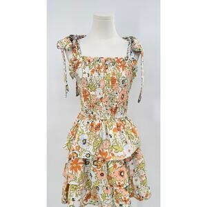 Cleobella Tamara Smocked Floral Dress Ruffle Tie Shoulder Mini Retro Cottage M